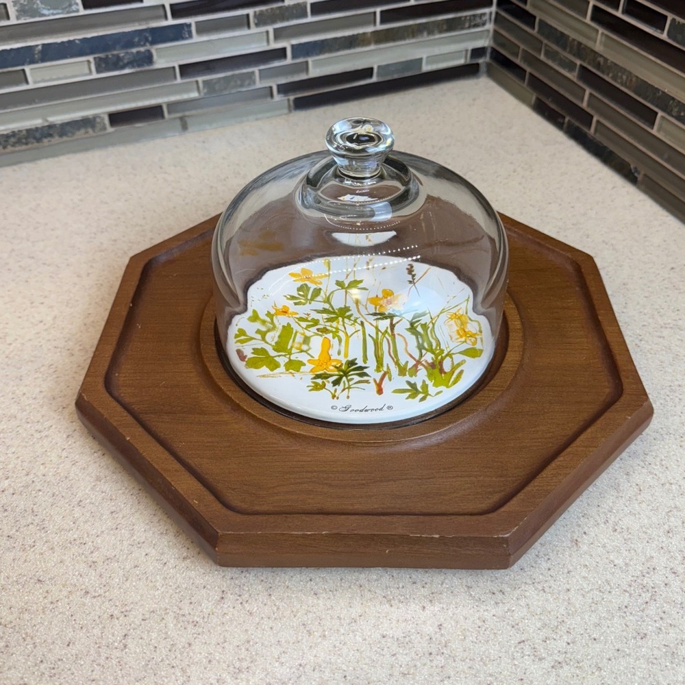 VTG‎ Goodwood Wooden Cheese Board Glass Cloche Dome Botanical Flower Tile 12.5"